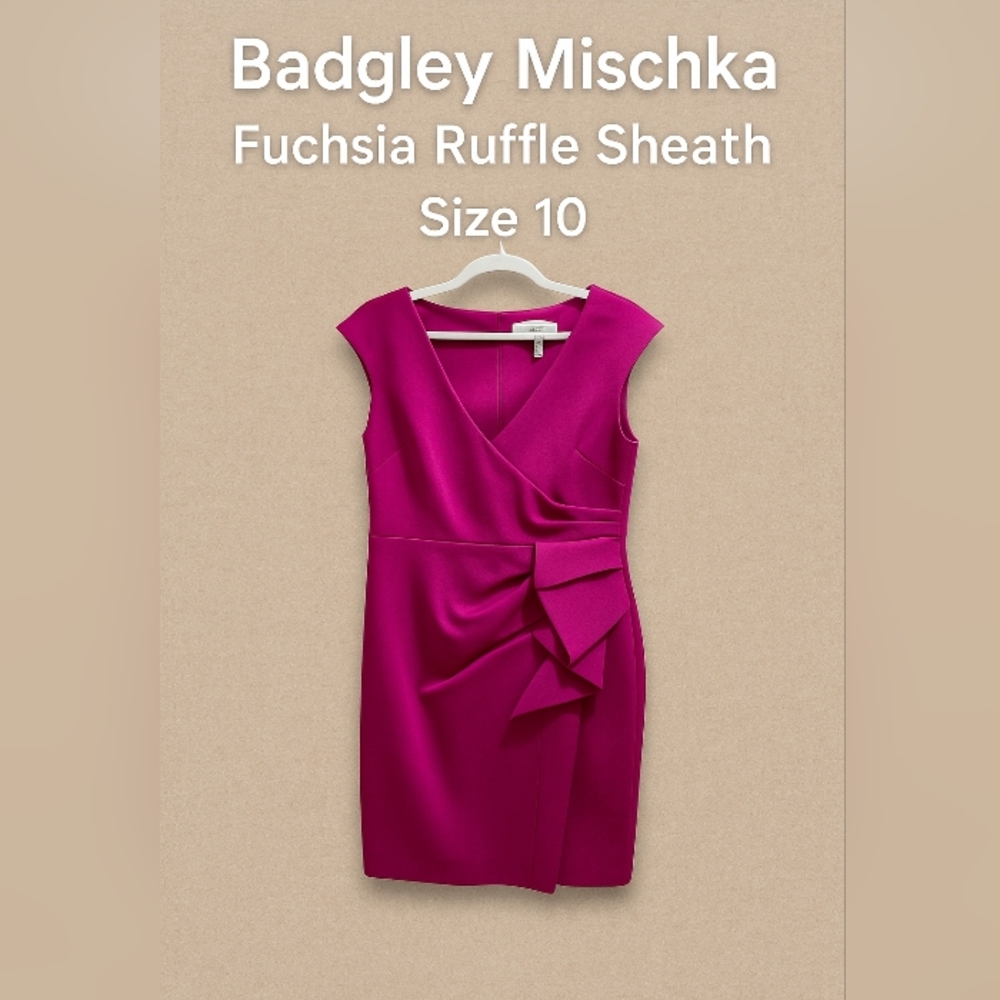 Badgley Mischka Pink Asymmetrical Ruffled Sheath Dress